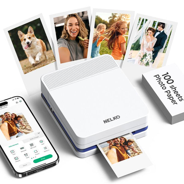 Nelko Pocket PP03 Instant Smartphone Inkjet Photo Printer with 100 Photo Papers, Portable Mini Color Wireless Mobile Printer, Bluetooth Compatible with Ios & Android Devices, Fun Editing App